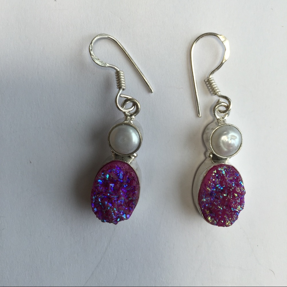 Sterling Silver Pearl and Druzy Earrings